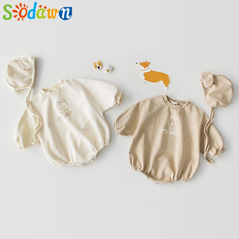 Sodawn/Коллекция года, весенне-осенняя одежда для маленьких мальчиков и одежда для маленьких девочек платье для ползания с длинными рукавами и рисунком из мультфильма+ шапка, 2 предмета, хлопок