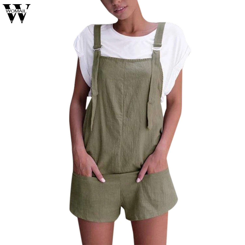 

Womail bodysuit Women Summer Fashion Casual Elastic Waist Dungarees Linen Cotton Pockets Rompers Shorts Playsuit dropship M6
