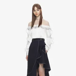 Cuello Hoja de Loto Borde Temperamento Camisa Pequeña Punto de Onda Perspectiva Camisa de Manga Larga Camisa de Gasa Blusa Mujeres 2019 Cuello Hoja de Loto Borde Temperamento Camisa Pequeña Punto de Onda Perspectiva Camisa de Manga Larga Camisa de Gasa Blusa Mujeres 2019