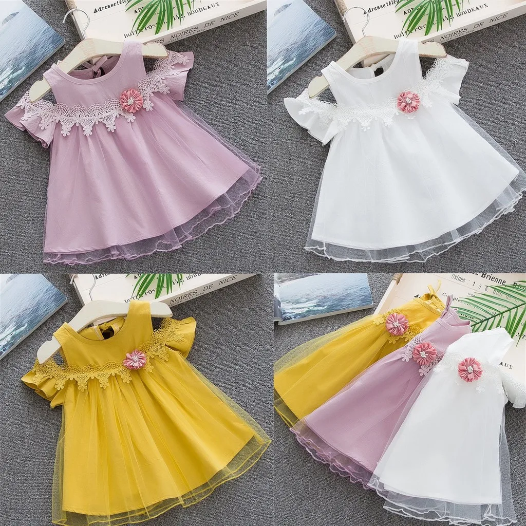 

Summer Toddler Baby Girls Dress One Piece Floral Solid Off Shoulder Tops Tulle Skirt Party Princess Dresses Suit Korean Sundress