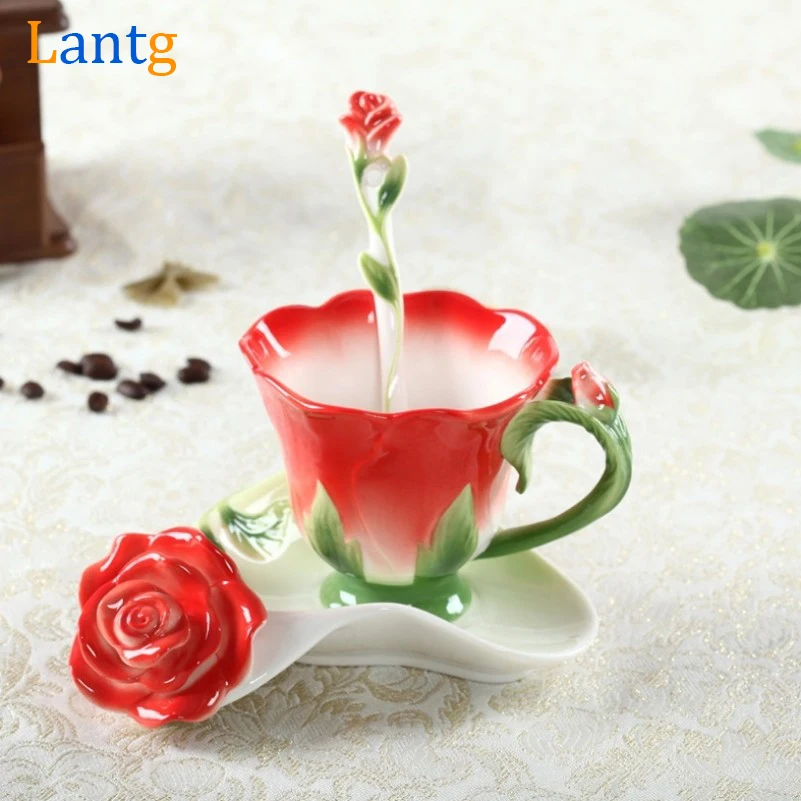 

3D Rose Enamel Coffee Mug Tea Milk Cup Set With Spoon and Saucer Creative Ceramic European Bone China Drinkware Marriage Gift