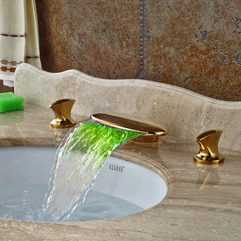 

Golden Bathroom Basin Led Faucet Water Powered Led Waterfall Mixer Taps 3 Colors Changed by Water Temperature