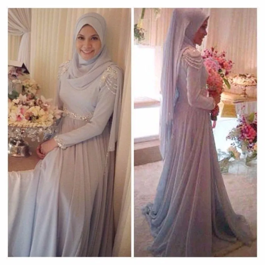 2016 Muslim Robe de soiree A Line Long Formal Evening Dress Scoop Neck Full Sleeves Chiffon Beading Party Prom Gowns Custom | Свадьбы и