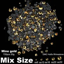 DMC исправление стразы Mine Gold смешанные размеры SS6 SS10 SS16 SS20 SS30 720 шт термоклейкие кристаллы-стразы бриллианты мотивы Дизайн ногтей украшения