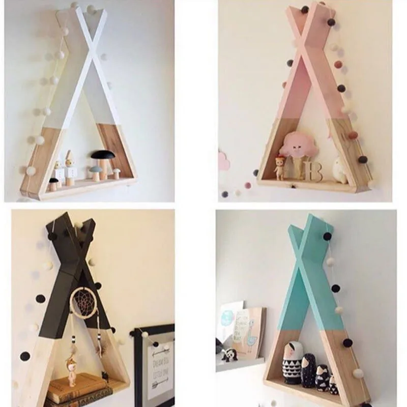 

Nordic Wooden Tents Bunker Shelves Wall Decorations Storages Organizer For Kid's Room Background Photography Props Wood Racks