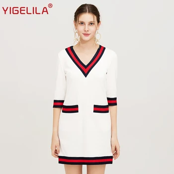

YIGELILA Fashion Women Straight Knitted Dress Autumn Elegant V-neck Half Sleeve Knee Length A-line Patchwork White Dress 64151