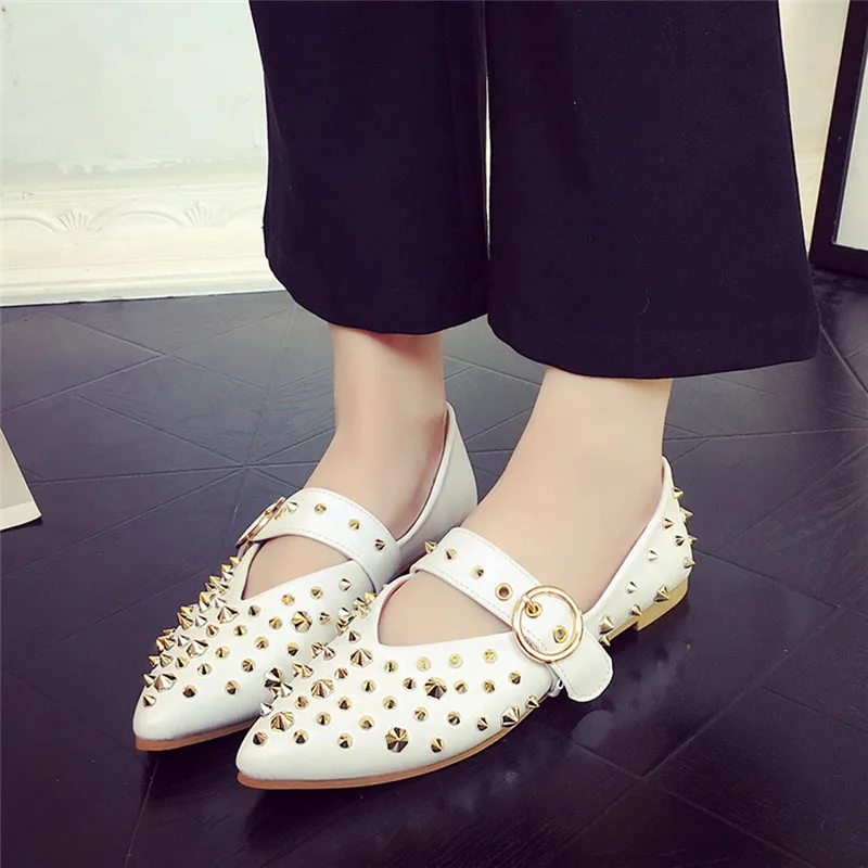 

2017 high quality Fashion Women Rivets Flat Pointed Toe Leather Slip On Casual Lady single Shoes chaussure femme wholesale