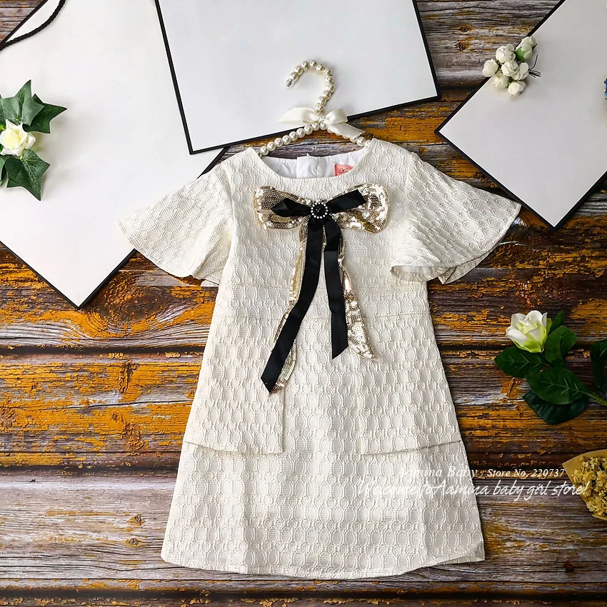 

951249 With Sequins Ribbon Brooch Princess Baby Girl Dress New Summer Fall Party Kid Dress For Girl Wholesale Baby Girl Clothes