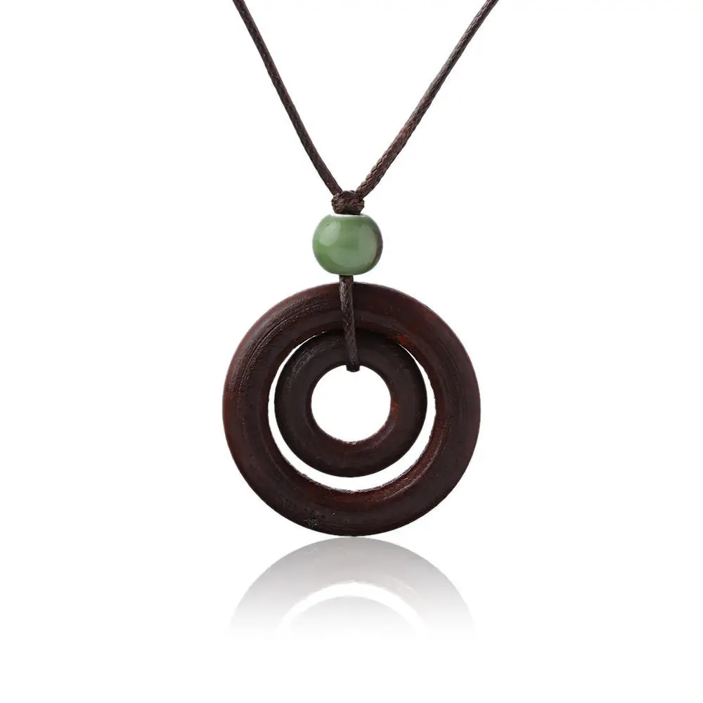 Qianbei Bead Brown Long Double-circle Pendant Rope Chain Wood Necklace