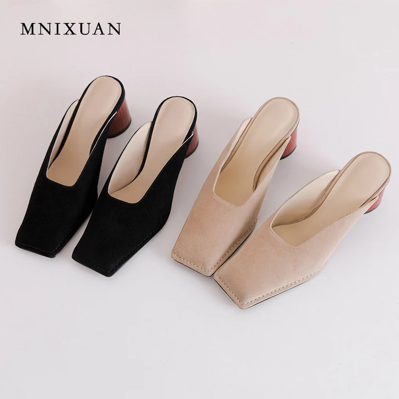 

MNIXUAN Handmade Retro women covered toe mules shoes high heel slippers 2019 new sheepskin square toe slip on no heel sandals