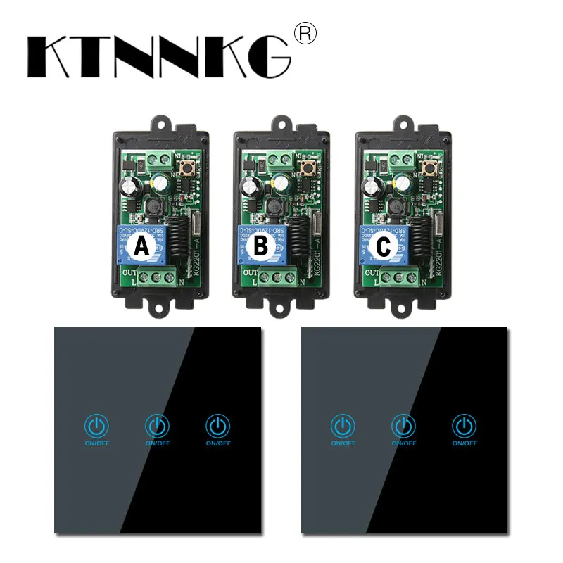 

433MHz 1 Gang Remote Light Switch Wireless Relay Receiver Module with 86 Touch RF Transmitter Tempered Glass AC 85V 110V 220V