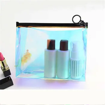 

Laser Colorful Women Travel Cosmetic Bag PU Leather Lady Transparent Waterproof Zipper Make Up Bag Travel Toiletry Wash Kit Bag