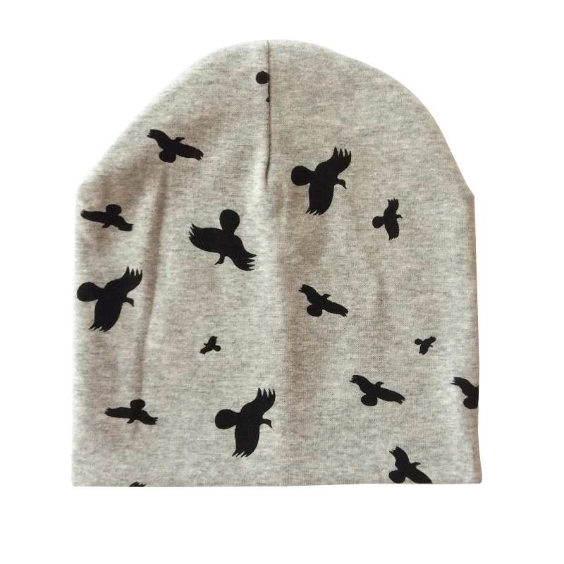 Осенне-зимняя брендовая вязаная шапочка для малыша, хлопковая шапка для детей, для мальчиков и девочек, детские шапки с принтом персонажа из мультфильма, детская шапочка - Цвет: grey bird