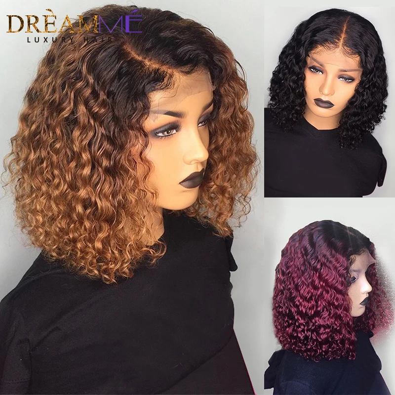 

1B/99J Burgundy Red Ombre Short Human Hair Wigs Pre Plucked Curly Blonde Lace Front Bob Wig 150 Density 13X6 Brazilian Remy Wig