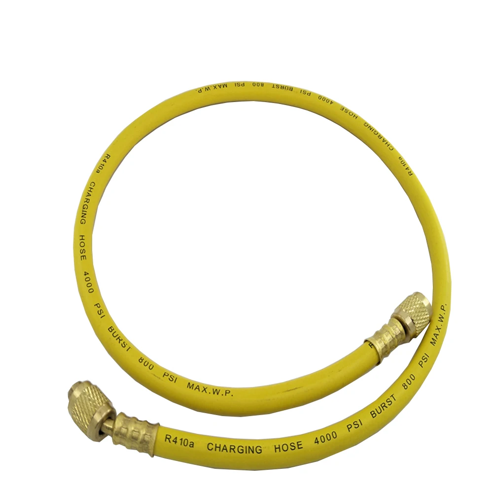 

36" R410A YELLOW CHARGING HOSE WORKING PRESSURE 800 PSI BURST PRESSURE 4000 PSI MATCHING REFRIGERATION PRESSURE GAUGE
