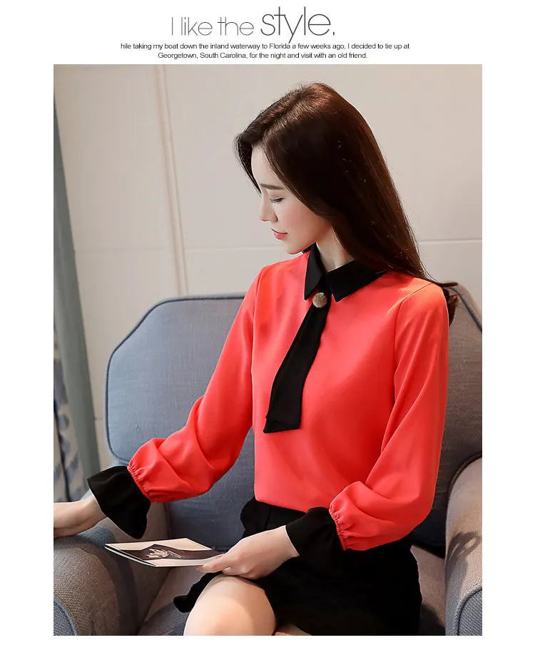 Women Blouses New 2019 Casual Autumn Shirt Elegant Bow Long Sleeve Tops Patchwork Chiffon Blusas Mujer OL Office Blouse (2)