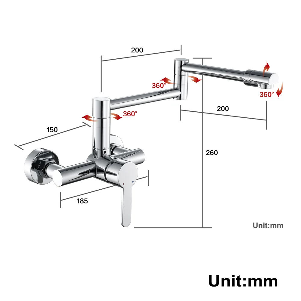 Folding Spout Wall Mounted Brass Kitchen Faucet Bathroom Mixer Sink Faucet Hot Cold Water Taps Hot and Cold Faucets Chrome