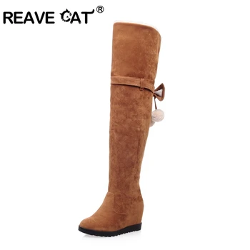 

Reave Cat Woman Winter Boots Over-The Knee Boot Bowtie Slip-On Botas Wedge Flock Height Increasing Plush Non-Slip Shoes A184