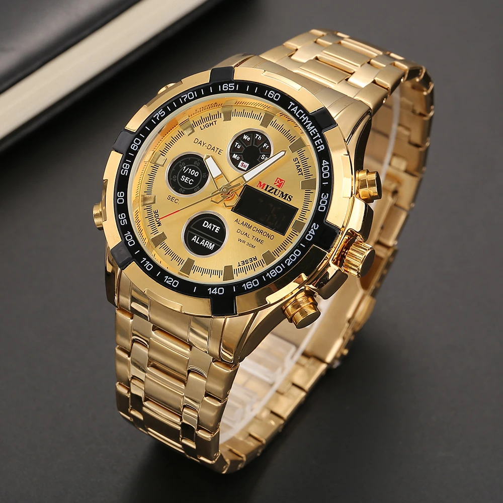 Модные часы для мужчин Mizums золотые полностью стальные цифровые часы для мужчин спортивные кварцевые часы Dual Time Relogio Masculino Esportivo