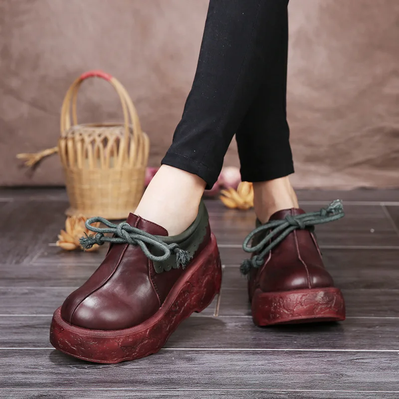 

2017 Handmade Womens Pumps Casual Platform High Heel Round Head Cow Leather Ladies Shoes