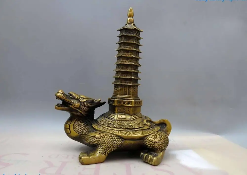 

12" China brass copper fine Wenchang tower on Dragon turtle Sculpture Statue