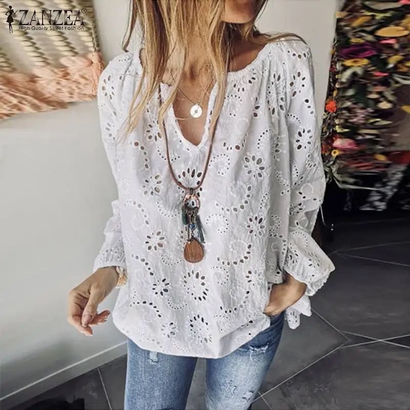 Online 2019 ZANZEA frauen Sommer Bluse Herbst Langarm Shirts Weibliche V Neck Spitze Blusas Plus Größe Tunika S 5XL Mode hohl Tops