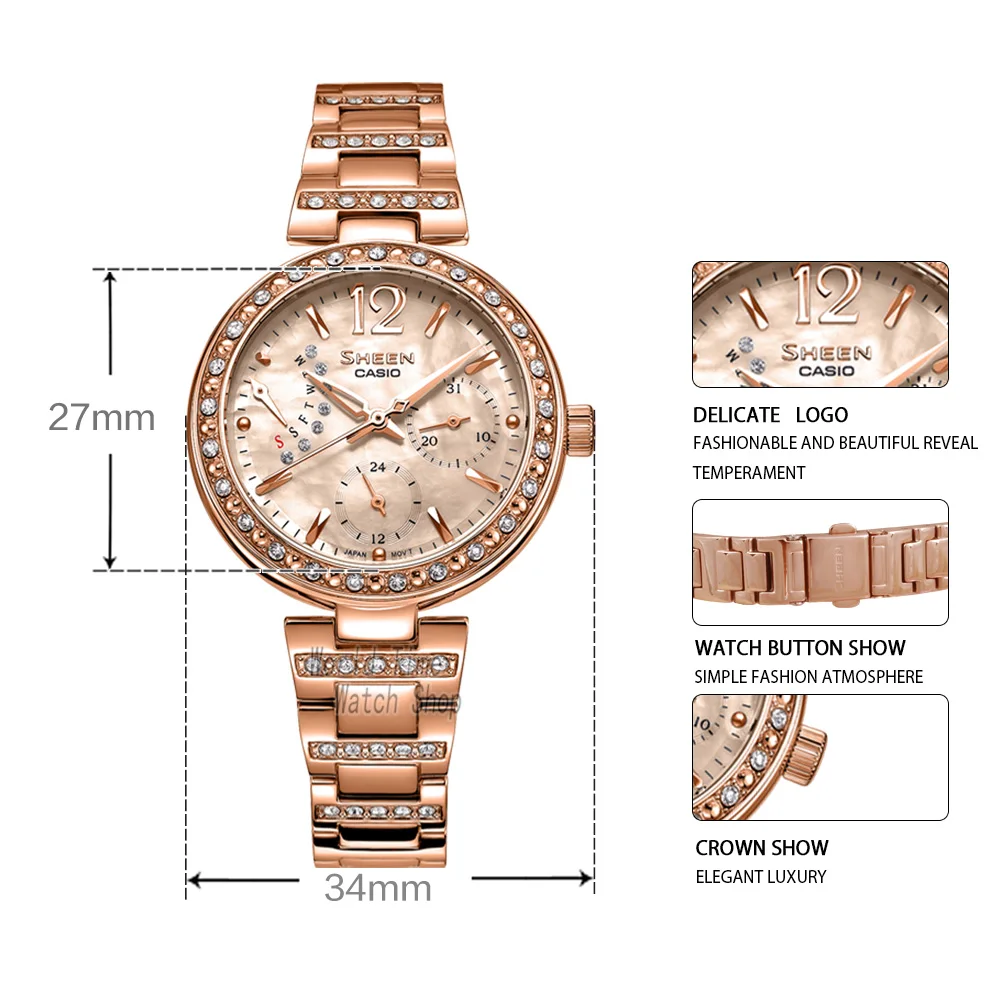 Часы Casio SHEEN женские часы Swarovski Crystal топ класса люкс комплект 50м Водонепроницаемые