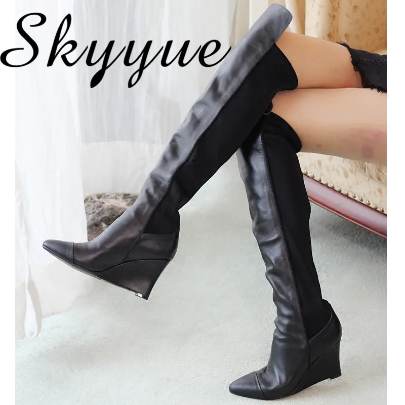 SKYYUE New Genuine Leather Pointed Slip On Women Winter Wedged Sexy Gladiator Over The Knee HIgh Thigh High Boots Shoes Women