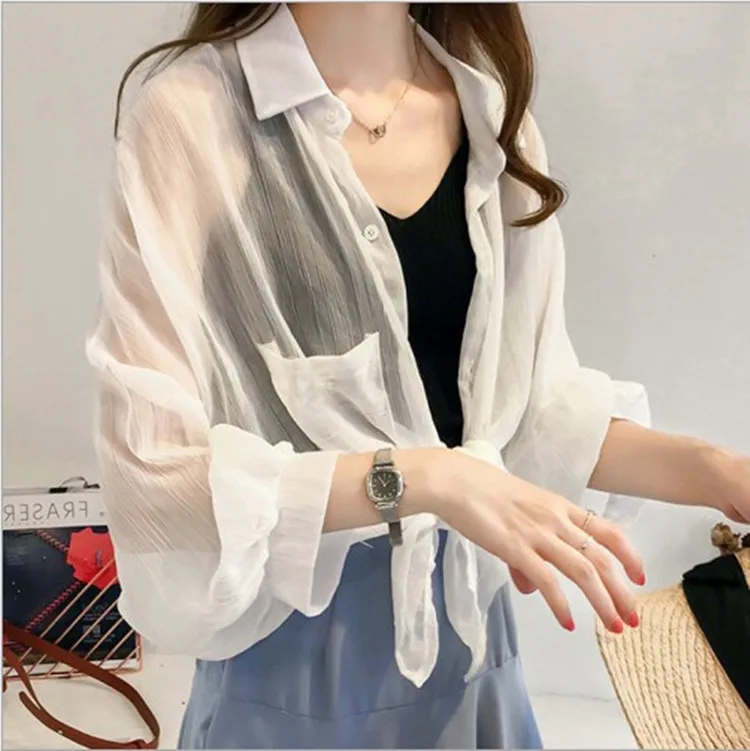 

Striped Lantern Sleeve Long Tops Female Sunscreen Beach Shirts Cover Up Cardigans Women Summer Kimono Cardigan Chiffon Blouse