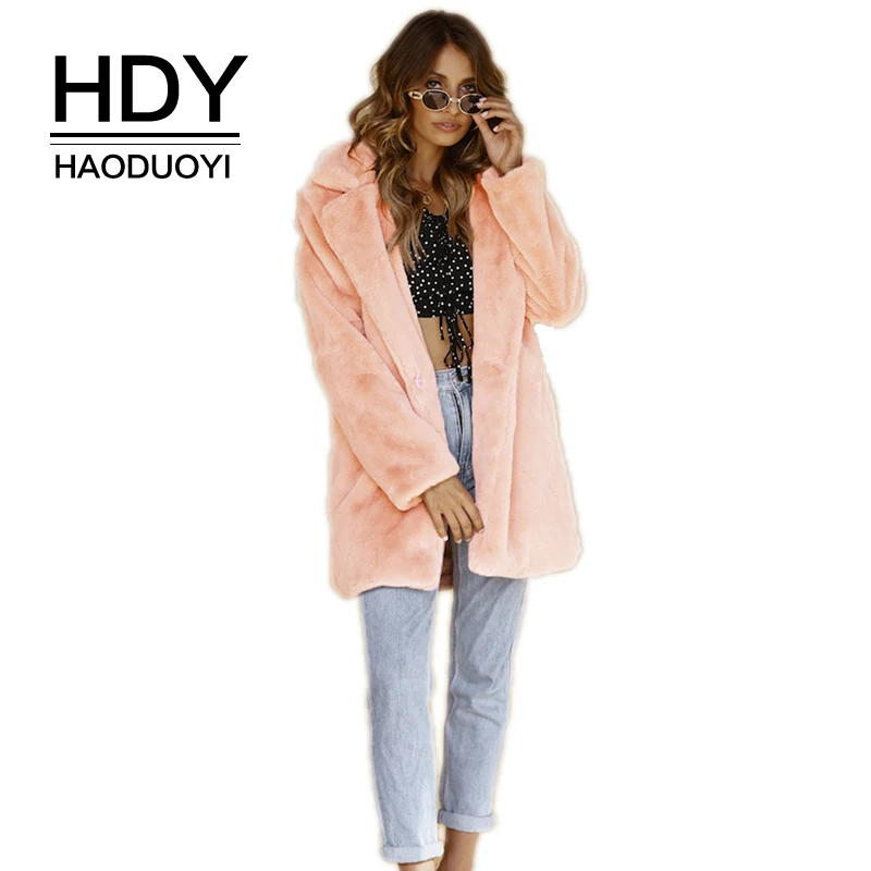 

HDY Haoduoyi European And American Simple Retro Temperament Solid Color Classic Lapel Faux Fur Coat