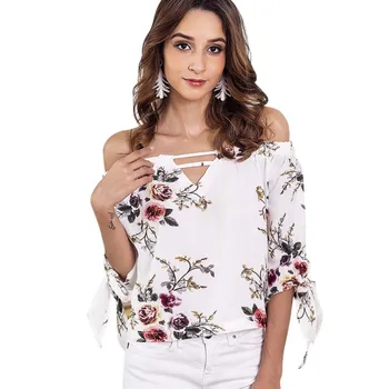 

New Casual Chiffon Blouse Women Half Sleeve Hollow Out Short Sleeve FlowerTrendy Print Slash Neck Shirt