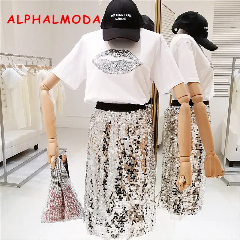 

ALPHALMODA 2019 Summer Fashion Women T-shirt + Skirt Sets Sequined Lip Pattern Tee Tops Pencil Sequined Skirt Ladies Casual Suit