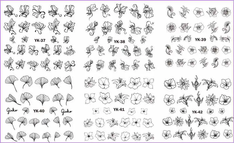 UPRETTEGO Золотые/серебряные Водные Наклейки металлические наклейки для ногтей цветок Гинко прозрачные лепестки лист Орхидея Лотос Нарцисс YK37-42 - Цвет: 6 SHEETS YK37-42S