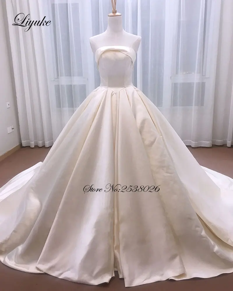 Роскошное атласное винтажное бальное платье без бретелек свадебное платье с рюшами и открытыми плечами кружевные свадебные платья Liyuke свадебное платье
