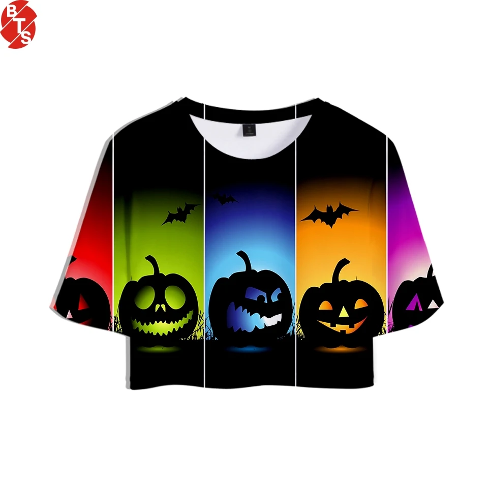 

Halloween Pumpkin Women Summer Cool Crop Tops Trendy 3D Printed Short Sleeve O-Neck T-shirts Casual Girls Sexy Tee Shirts