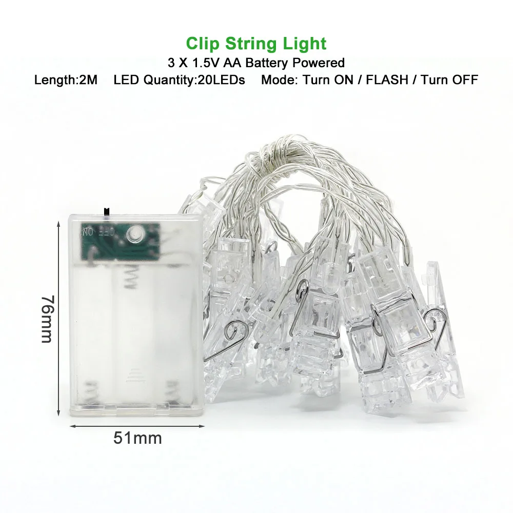 2M LED String Светодиодный светильник-гирлянда 1 м, 2 м, 3 м, 5 м, 10 м, AA, на батарейках, с зажимом для фотографий, вечерние, праздничные, рождественские, Хэллоуин, свадебные украшения - Испускаемый цвет: 2M LED String