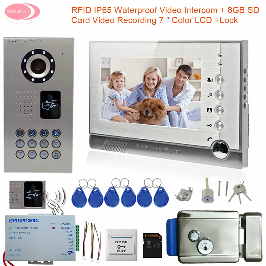 

Video Intercom With Recording + 8GB SD Card Door Video System IP65 Waterproof Rfid Intercoms For Private Houses Electronic Lock