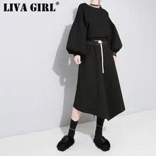 LIVA GIRL, новинка, Осень-зима, высокая эластичная талия, черная, на завязках, неровный подол, с разрезом, полубоди, юбка, женская мода