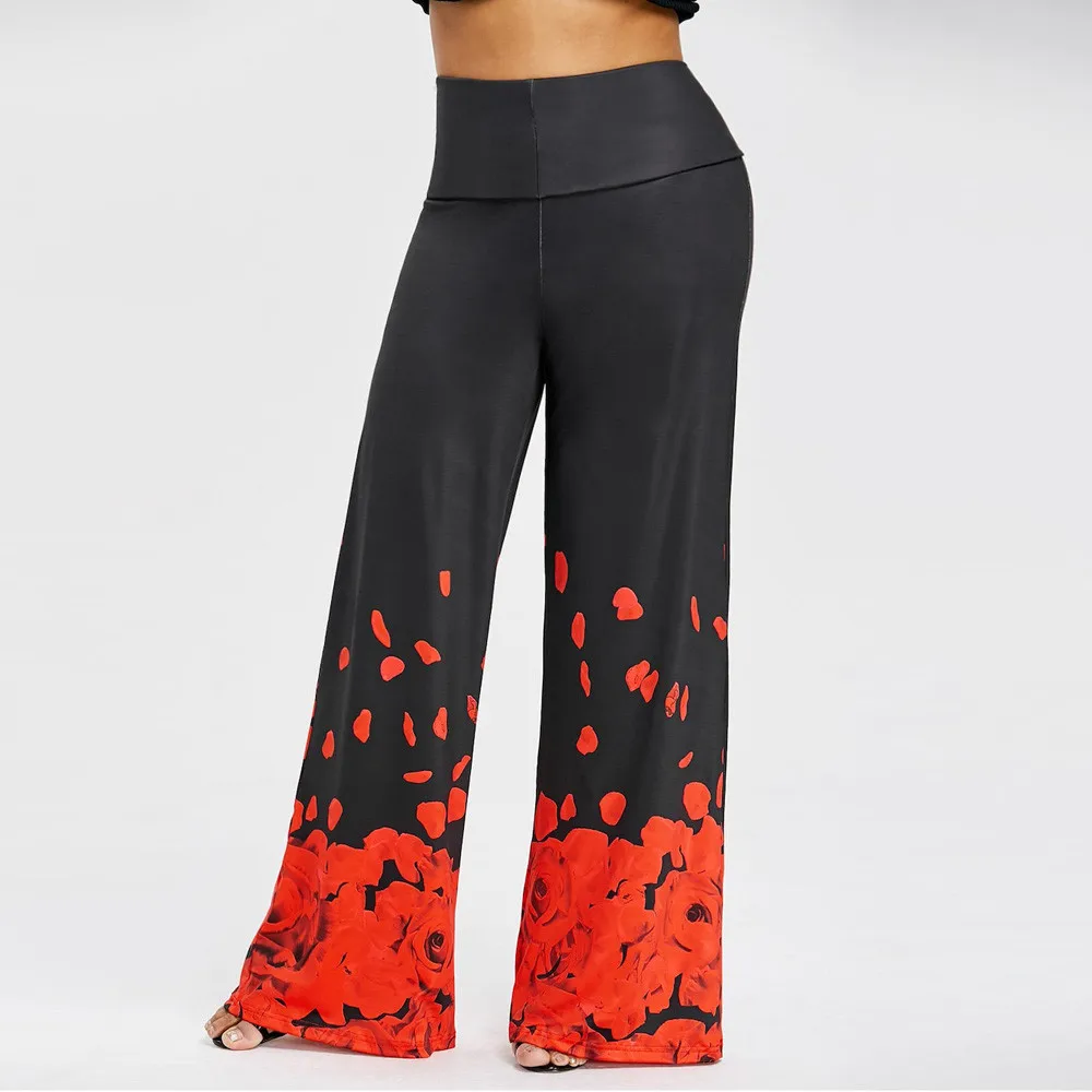 NEW Fashion Womens Casual Wide Leg Trousers Plus Size Rose Petal Printed Loose Pants hot Free Shipping W701