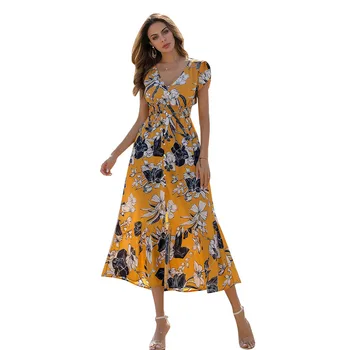 

Floral Print V -section Slit Women Summer Short Dress Boho Style Female Long Beach Dress With Pockets Casual Holiday Clothes