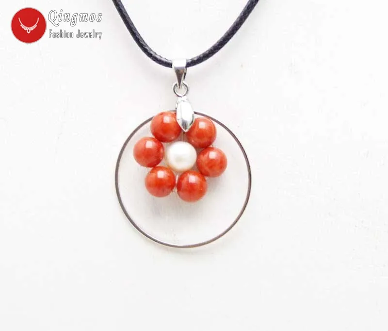 

Qingmos 28mm Metal Circle Natural Red Coral Pendant & Necklace for Women with White Pearl Chokers Necklace Cord 19" Jewelry 6392