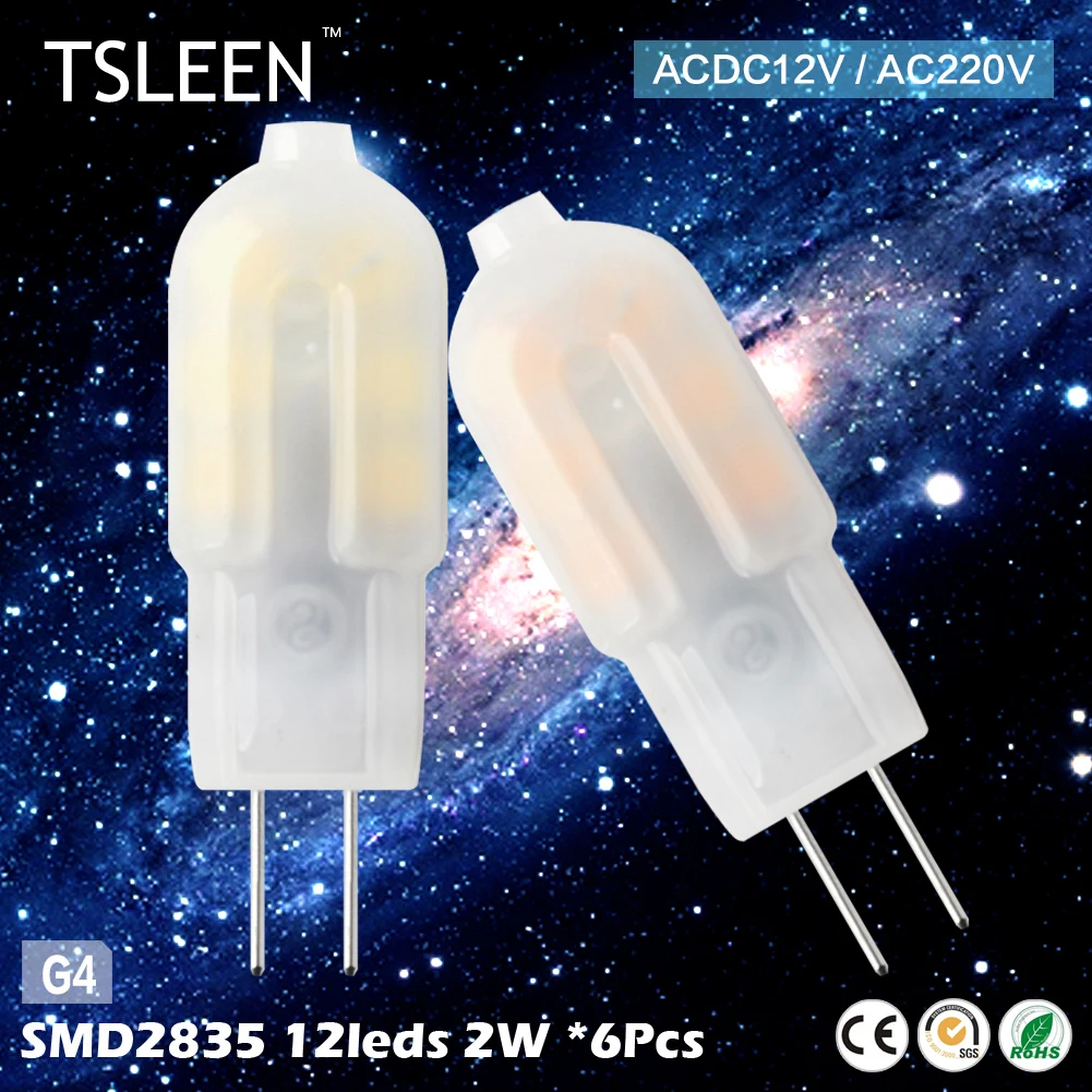 

TSLEEN 6Pcs G4 2835SMD 2W LED Lamp Milky Shell Color Lights AC/DC12V 220V Bright Low Heat