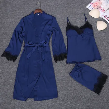 

Ladies Sexy Silk Satin Robe Pyjama Set Lace Sleepwear Set Summer Bathrobe Set Bath Robe Set Robe+Top+Pant 3 Pieces For Women