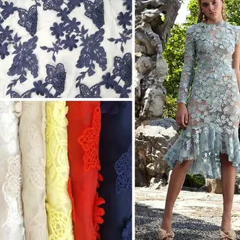 

2Yard Apparel Sewing Red Organza Fabric For Party Dress DIY 3D White Butterfly Flower Lace Wedding Bridal Gown Fabric Royal Blue