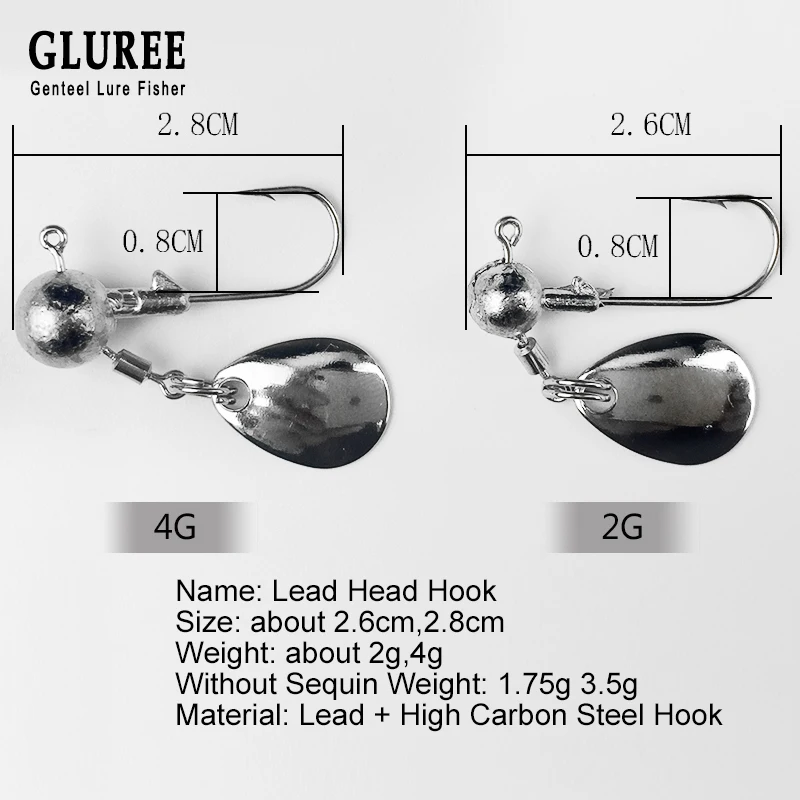 GLUREE 20 шт. 2 г 4 г свинцовый крючок для рыбалки крючок на голову джиггинг приманка поворотный блестки крючок из высокоуглеродистой стали рыболовные снасти аксессуары