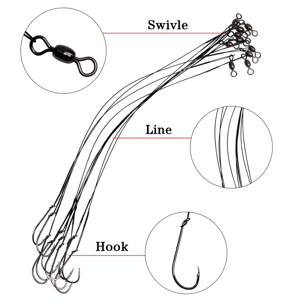 6 шт./пакет 25 см Проволока из нержавеющей стали нахлыстом поводок с карабины и Крючки Лидер ловли рыбы нахлыстом Размеры 1#2#1/0 2/0