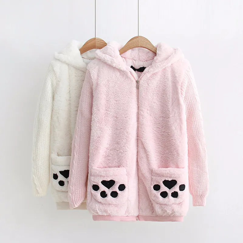Six senses 2017 winter casual women Cat paw prints hooded long sleeve
