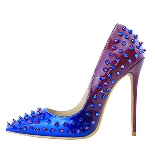 

Women's Shoes Blue Gradient Color Rivets Pumps Pointed Toe 12MM High Heels Ladies Shoes Sexy Slip-on Shallow Spikes Pumps