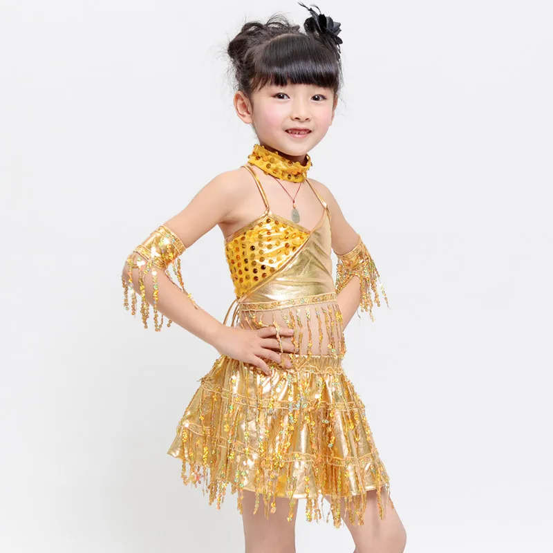 NEW Performance clothing Children Latin Ballroom Dance Dress Girls Gold