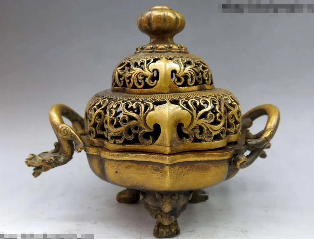 6" China carved censer beautiful two dragon incense burner Statuein